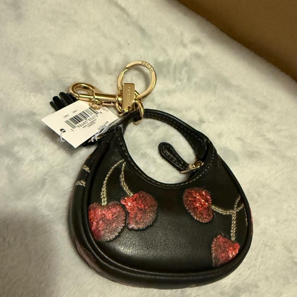 Coach Black Leather Mini Carmen Cherry Charm Key Pouch with Gold Hardware - Picture 2 of 4